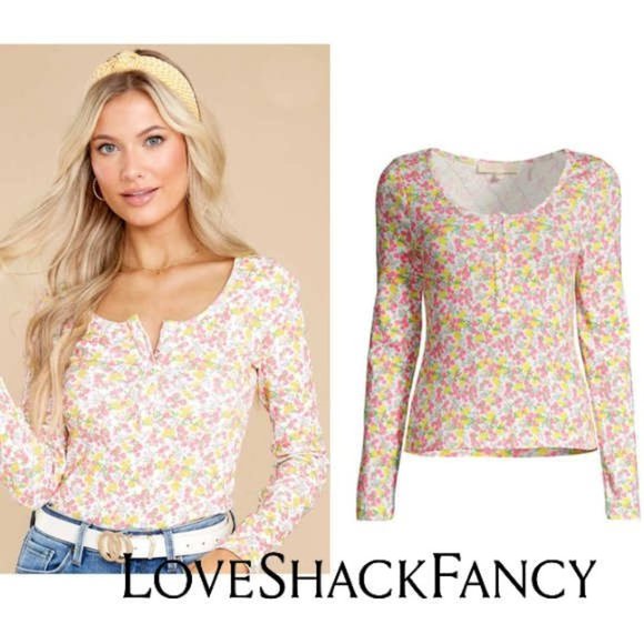 LoveShackFancy Tops - 🎀  Floral Heart Button LS Hanley Top Large, Pink Yellow